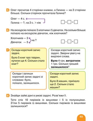 63
Олег прочитав 4 сторінки книжки, а Галина — на 2 сторінки
більше. Скільки сторінок прочитала Галина?
На екскурсію поїхало 3 хлопчики і 5 дівчаток. На скільки більше
поїхало на екскурсію дівчаток, ніж хлопчиків?
Знайди зайві дані в умові задачі. Розв’яжи її.
Тато спік 10 пиріжків із вишнями і 5 із полуницями.
З’їли 5 пиріжків із вишнями. Скільки пиріжків із вишнями
залишилося?
5
+ =
Олег — 4 с.
Галина — ?, на 2 с.  ніж
6
– =
Хлопчиків — 3
Дівчаток — 5
на ?
7 Склади короткий запис
задачі.
Було 5 книг про тварин,
купили ще 4. Скільки стало
книг?
Склади короткий запис
задачі. Зверни увагу на
виділені слова.
Було 4 грн, витратили
1 грн. Скільки грошей
залишилося?
Склади короткий запис
задачі.
Було 8 машин, приїхало
ще 2. Скільки стало
машин?
Склади і запиши
короткий запис задачі зі
словами: було,
поїхало, залишилося.
8
 