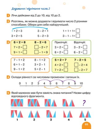 65
Додавання і віднімання числа 2
Лічи двійками від 2 до 10; від 10 до 2.
Розглянь, як можна додавати і віднімати число 2 різними
способами. Обери для себе найзручніший.
1 + 2 = 3 3 – 2 = 1 1 + 1 + 1=
3 + 2 = 5 5 – 2 = 3 3 – 1 – 1=
Склади рівності за числовим променем і запиши їх.
Який малюнок має бути замість знака питання? Назви цифру
відповідного фрагмента.
1
2
3 6 + 2 = 8 8 – 2 = 6
7 + 2 = – 2 = 7
9 + 1 = – 1 = 9
Прилічуй: Відлічуй:
3 + 2 = 3 – 2 =
6 + 2 = 6 – 2 =
5 + 2 = 7 7 – 2 = 5
4 + 2 = – 2 = 4
7 + 2 = – 2 = 7
7 – 1 + 2 8 – 1 + 2
6 + 1 – 2 3 + 2 – 1
9 – 1 + 2 5 + 2 – 1
4
1 2
0 3 4 5 6 7 8 9 10
5
1 2 3 4 5
 