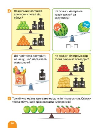 76
Три яблука мають таку саму масу, як і п’ять персиків. Скільки
треба яблук, щоб зрівноважити 10 персиків?
4
5
На скільки кілограмів
апельсини легші від
яблук?
На скільки кілограмів
кавун важчий за
капустину?
–
6 кг
3 кг
На скільки кілограмів кар-
топля важча за помідори?
Які гирі треба доставити
на чашу, щоб маса стала
однаковою?
 
