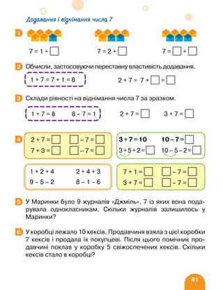 81
		 7 = 1 + 7 = 2 + 7 = +
Обчисли, застосовуючи переставну властивість додавання.
								 2 + 7 = 7 + =
Склади рівності на віднімання числа 7 за зразком.
		 2 + 7 = 3 + 7 =
У Маринки було 9 журналів «Джміль», 7 із яких вона пода-
рувала однокласникам. Скільки журналів залишилось у
Маринки?
У коробці лежало 10 кексів. Продавчиня взяла з цієї коробки
7 кексів і продала їх покупцеві. Після цього помічник про-
давчині поклав у коробку 5 свіжоспечених кексів. Скільки
кексів стало в коробці?
1
2
1 + 7 = 7 + 1 = 8
3
1 + 7 = 8 8 – 7 = 1
4
7 + 1 = – 7 =
3 + 7 = – 7 =
1 + 2 + 4 2 + 4 + 3
9 – 5 – 2 8 – 1 – 6
2 + 7 = – 7 =
7 + 3 = – 7 =
3+7=10 10–7=
3+5+2= 10– 5–2=
5
6
Додавання і віднімання числа 7
 