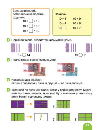93
Порівняй числа, скориставшись малюнками.
		 12 14 13 11
Полічи гроші. Порівняй письмово.
Накресли два відрізки:
перший завдовжки 8 см, а другий — на 3 см довший.
Установи зв’язок між малюнками у верхньому ряду. Мірку-
ючи так само, визнач, яким має бути малюнок у нижньому
ряду. Назви відповідну цифру.
4
5
6
7
1)
2) 3)
Обчисли.
10 + 3 10 + 9
10 + 4 10 + 6
10 + 2 10 + 7
Запиши рівності,
вставляючи невідомий
доданок.
10 + = 12
10 + = 15
10 + = 19
 