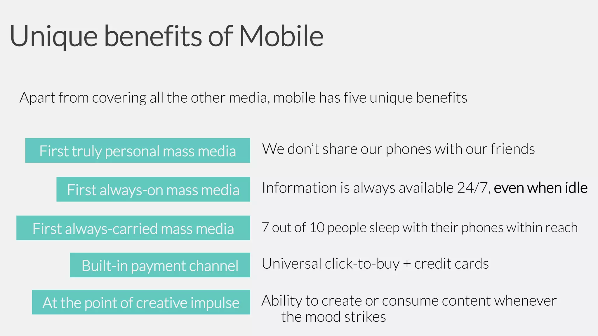 Unique benefits of Mobile
Apart from covering all the other media, mobile has five unique benefits
First truly personal mass media
First always-on mass media
First always-carried mass media
Built-in payment channel
At the point of creative impulse

We don’t share our phones with our friends
Information is always available 24/7, even when idle
7 out of 10 people sleep with their phones within reach

Universal click-to-buy + credit cards
Ability to create or consume content whenever
the mood strikes

 