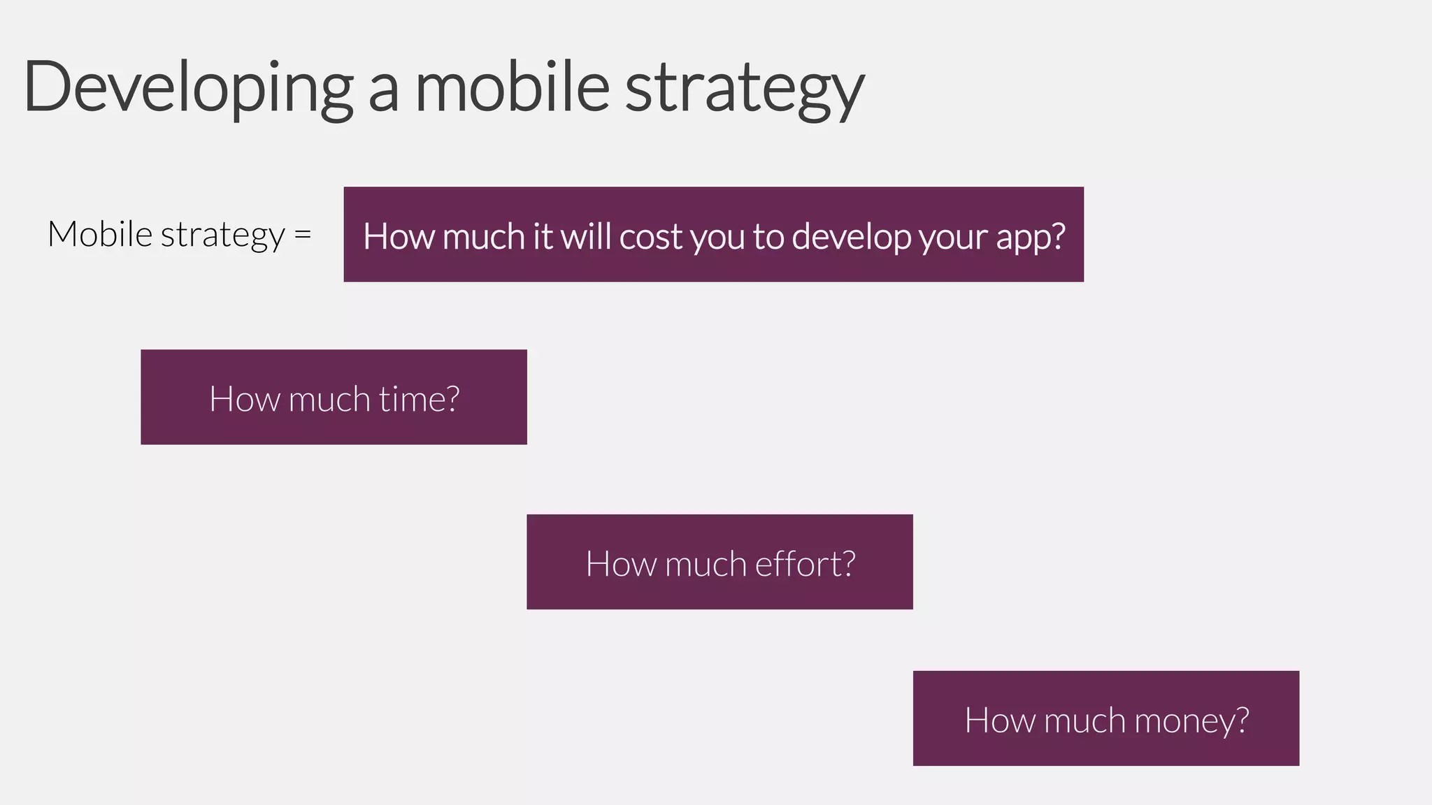 Developing a mobile strategy
Mobile strategy =

How much it will cost you to develop your app?

How much time?

How much effort?

How much money?

 