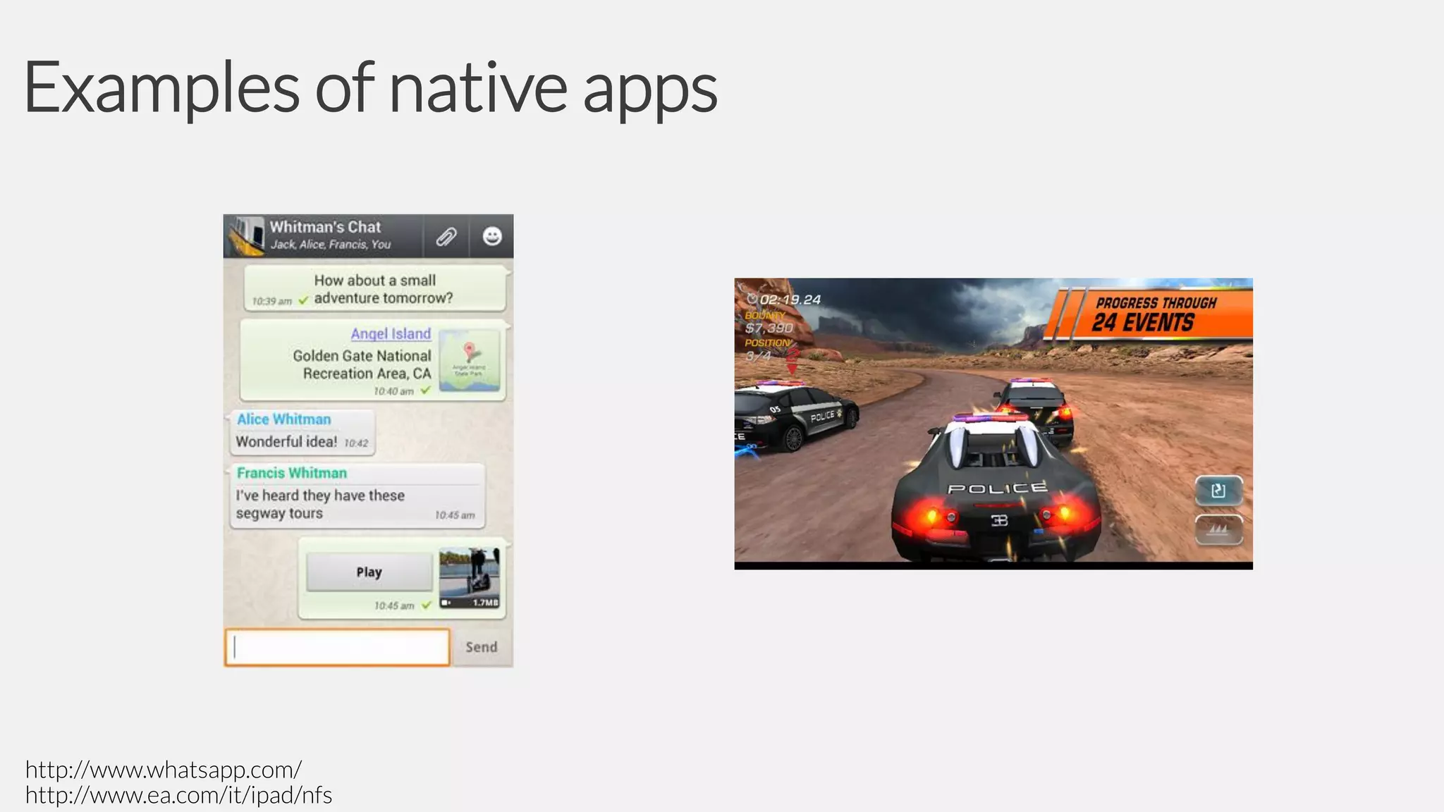Examples of native apps

http://www.whatsapp.com/
http://www.ea.com/it/ipad/nfs‎

 