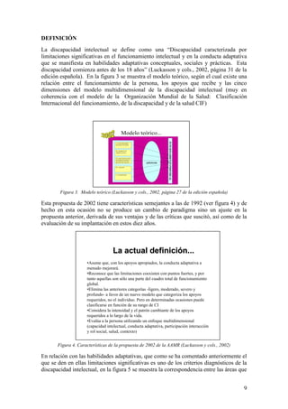 9
DEFINICIÓN
La discapacidad intelectual se define como una “Discapacidad caracterizada por
limitaciones significativas en el funcionamiento intelectual y en la conducta adaptativa
que se manifiesta en habilidades adaptativas conceptuales, sociales y prácticas. Esta
discapacidad comienza antes de los 18 años” (Luckasson y cols., 2002, página 31 de la
edición española). En la figura 3 se muestra el modelo teórico, según el cual existe una
relación entre el funcionamiento de la persona, los apoyos que recibe y las cinco
dimensiones del modelo multidimensional de la discapacidad intelectual (muy en
coherencia con el modelo de la Organización Mundial de la Salud: Clasificación
Internacional del funcionamiento, de la discapacidad y de la salud CIF)
Figura 3. Modelo teórico (Luckasson y cols., 2002, página 27 de la edición española)
Esta propuesta de 2002 tiene características semejantes a las de 1992 (ver figura 4) y de
hecho en esta ocasión no se produce un cambio de paradigma sino un ajuste en la
propuesta anterior, derivada de sus ventajas y de las críticas que suscitó, así como de la
evaluación de su implantación en estos diez años.
Figura 4. Características de la propuesta de 2002 de la AAMR (Luckasson y cols., 2002)
En relación con las habilidades adaptativas, que como se ha comentado anteriormente el
que se den en ellas limitaciones significativas es uno de los criterios diagnósticos de la
discapacidad intelectual, en la figura 5 se muestra la correspondencia entre las áreas que
Modelo teórico...
V. CONTEXTO
IV. SALUD
III. PARTICIPACIÓN
INTERACCIONES Y
ROLES SOCIALES
II. CONDUCTA
ADAPTATIVA
I. CAPACIDADES
INTELECTUALES
APOYOS
FUNCIONAMIENTO
INDIVIDUAL
La actual definición...
La actual definición...
•Asume que, con los apoyos apropiados, la conducta adaptativa a
menudo mejorará.
•Reconoce que las limitaciones coexisten con puntos fuertes, y por
tanto aquellas son sólo una parte del cuadro total de funcionamiento
global.
•Elimina las anteriores categorías -ligero, moderado, severo y
profundo- a favor de un nuevo modelo que categoriza los apoyos
requeridos, no el individuo. Pero en determinadas ocasiones puede
clasificarse en función de su rango de CI
•Considera la intensidad y el patrón cambiante de los apoyos
requeridos a lo largo de la vida.
•Evalúa a la persona utilizando un enfoque multidimensional
(capacidad intelectual, conducta adaptativa, participación interacción
y rol social, salud, contexto)
 