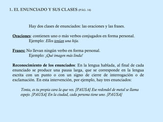 1. EL ENUNCIADO Y SUS CLASES (PÁG. 14) 
Hay dos clases de enunciados: las oraciones y las frases. 
Oraciones: contienen uno o más verbos conjugados en forma personal. 
Ejemplo: Ellos tenían una hija. 
Frases: No llevan ningún verbo en forma personal. 
Ejemplo: ¡Qué imagen más linda! 
Reconocimiento de los enunciados: En la lengua hablada, al final de cada 
enunciado se produce una pausa larga, que se corresponde en la lengua 
escrita con un punto o con un signo de cierre de interrogación o de 
exclamación. En esta intervención, por ejemplo, hay tres enunciados: 
Tonta, es tu propia cara la que ves. [PAUSA] Ese redondel de metal se llama 
espejo. [PAUSA] En la ciudad, cada persona tiene uno. [PAUSA] 
 