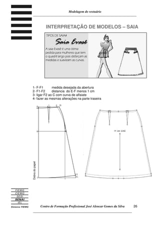 Modelagem do vestuário
_____________________________________________________________________
Centro de Formação Profissional José Alencar Gomes da Silva
__________________________________________________________________
26
IINNTTEERRPPRREETTAAÇÇÃÃOO DDEE MMOODDEELLOOSS –– SSAAIIAA
1- F-F1 medida desejada da abertura
2- F1-F2 distancia do E-F menos 1 cm
3- ligar F2 ao C com curva de alfaiate
4- fazer as mesmas alterações na parte traseira
Dobradopapel
 