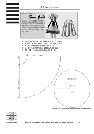 Modelagem do vestuário
_____________________________________________________________________
Centro de Formação Profissional José Alencar Gomes da Silva
__________________________________________________________________
31
1. trace um ângulo reto e coloque A no vértice
2. A – B contorno da cintura dividido por 6,28
3. A – B1 mesma medida de A – B
4. B – C comprimento desejado da saia
5. B1 – C1 mesma medida de B – C
Molde da saia godê roda inteira completo e desdobrado
 