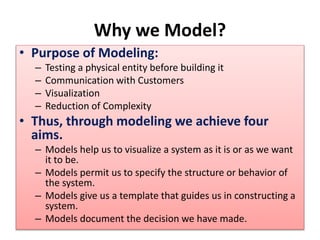 Why we Model?
• Purpose of Modeling:
– Testing a physical entity before building it
– Communication with Customers
– Visualization
– Reduction of Complexity
• Thus, through modeling we achieve four
aims.
– Models help us to visualize a system as it is or as we want
it to be.
– Models permit us to specify the structure or behavior of
the system.
– Models give us a template that guides us in constructing a
system.
– Models document the decision we have made.
 
