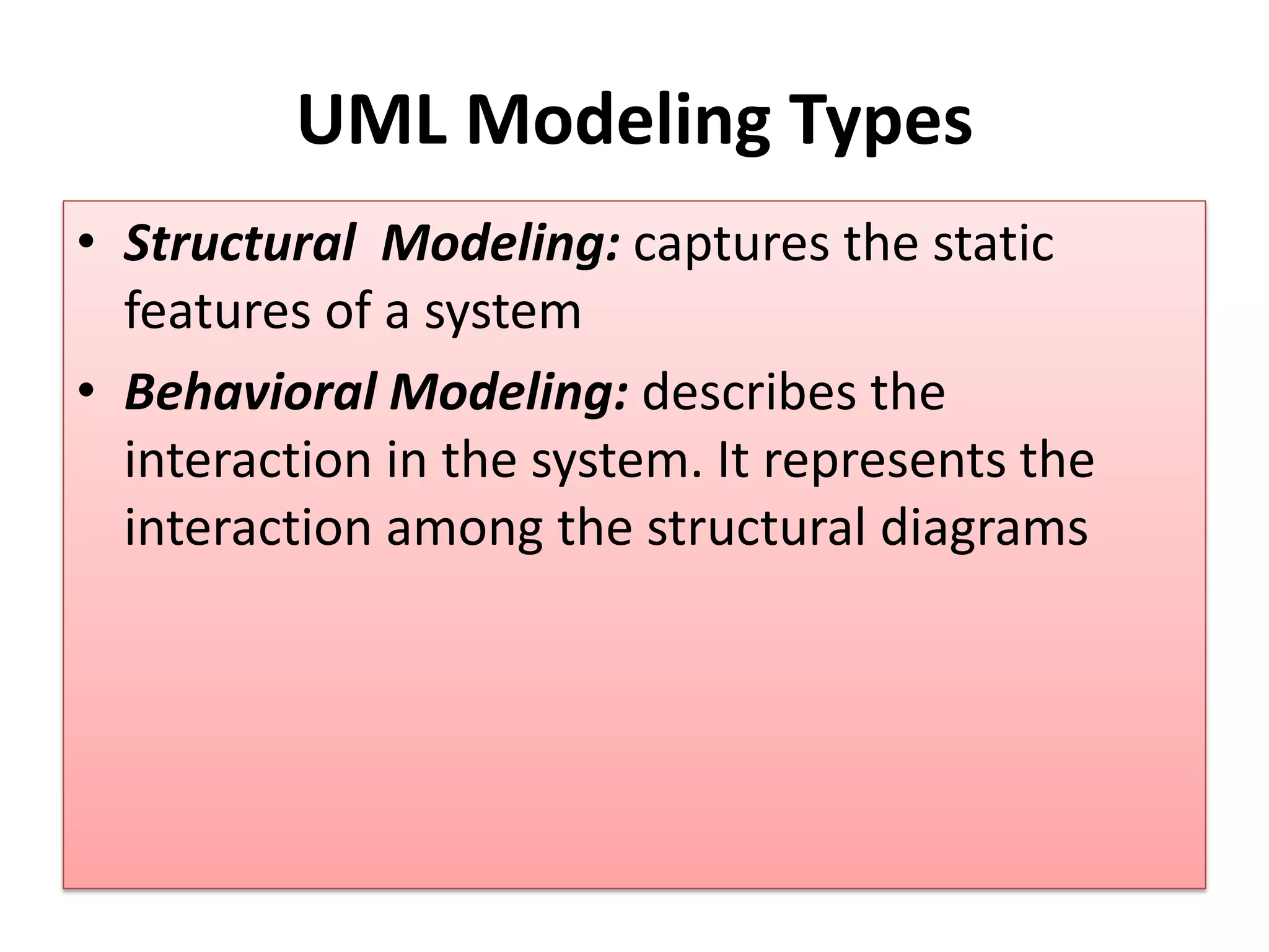 UML Modeling Types
• Structural Modeling: captures the static
features of a system
• Behavioral Modeling: describes the
interaction in the system. It represents the
interaction among the structural diagrams
 