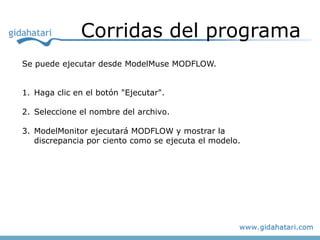 Corridas del programa
Se puede ejecutar desde ModelMuse MODFLOW.


1. Haga clic en el botón "Ejecutar".

2. Seleccione el nombre del archivo.

3. ModelMonitor ejecutará MODFLOW y mostrar la
   discrepancia por ciento como se ejecuta el modelo.
 