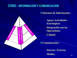 COSO - INFORMACIÓN Y COMUNICACIÓN
                    Sistemas de Información :

                          Apoyo Actividades
                           Estratégicas
                          Integración con las
                           Operaciones
                          Calidad


                    Comunicación :

                          Interna / Externa
                          Medios                26
 