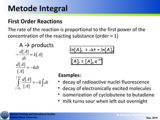 Teacher Training and Educational Studies
Sebelas Maret University
M. Masykuri_Physical Chemistry IV
Sep, 2010
Metode Integral
First Order Reactions
The rate of the reaction is proportional to the first power of the
concentration of the reacting substance (order = 1)
A → products
∫∫ −=
−=
=−
dtk
A
Ad
kdt
A
Ad
Ak
dt
Ad
A
A
][
][ 0
][
][
][
][
][
][
Examples:
• decay of radioactive nuclei fluorescence
• decay of electronically excited molecules
• isomerization of cyclobutene to butadiene
• milk turns sour when left out overnight
 