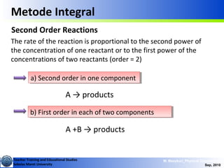 Teacher Training and Educational Studies
Sebelas Maret University
M. Masykuri_Physical Chemistry IV
Sep, 2010
Metode Integral
Second Order Reactions
The rate of the reaction is proportional to the second power of
the concentration of one reactant or to the first power of the
concentrations of two reactants (order = 2)
a) Second order in one componenta) Second order in one component
A → products
b) First order in each of two componentsb) First order in each of two components
A +B → products
 