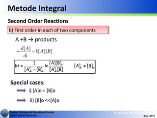 Teacher Training and Educational Studies
Sebelas Maret University
M. Masykuri_Physical Chemistry IV
Sep, 2010
b) First order in each of two componentsb) First order in each of two components
Metode Integral
Second Order Reactions
A +B → products
Special cases:
i) [A]o = [B]o
ii) [B]o <<[A]o
 