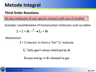 Teacher Training and Educational Studies
Sebelas Maret University
M. Masykuri_Physical Chemistry IV
Sep, 2010
Metode Integral
Third Order Reactions
(b) two molecules of one species interact with one of another(b) two molecules of one species interact with one of another
Example: recombination of homonuclear molecules such as iodine
Mechanism:
 
