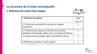 La structure de la note conceptuelle
1. Pertinence de l’action (max 3 pages)  / 20
 