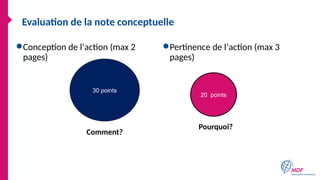 Evaluation de la note conceptuelle
●Conception de l’action (max 2
pages)
Comment?
●Pertinence de l’action (max 3
pages)
Pourquoi?
30 points
20 points
 