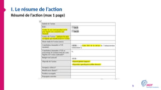 9
I. Le résume de l’action
Résumé de l’action (max 1 page)
 