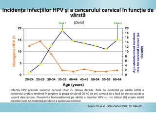 Incidenţa infecţiilor HPV şi a cancerului cervical în funcţie de
vârstă
(Data)
Bosch FX et al. J Clin Pathol 2002; 55: 244−65.
0
5
10
15
20
20-24 25-29 30-34 35-39 40-44 45-49 50-54 55-59 60-64
Age (years)
OncogenicHPV(%)
0
2
4
6
8
10
12
14
16
18
20
Age-standardisedincidence
rateforcervicalcancer(per
100,000)
Peak 1 Peak 2
Infecţia HPV precede cancerul cervical chiar cu câteva decade. Rata de incidenţă pe vârste (ASR) a
cancerului arată o tendinţă în creştere la grupa de vârstă 20-40 de ani, urmată de o fază de platou sau de o
uşoară descreştere. Prevalenţa transsecţională pe vârste a tipurilor HPV cu risc ridicat (%) creşte vizibil
înaintea ratei de incidenţă pe vârste a cancerului cervical.
 