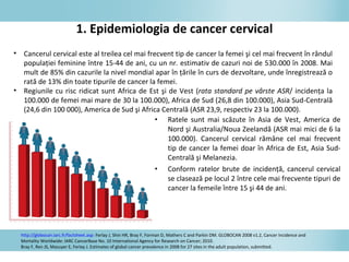 • Ratele sunt mai scăzute în Asia de Vest, America de
Nord şi Australia/Noua Zeelandă (ASR mai mici de 6 la
100.000). Cancerul cervical rămâne cel mai frecvent
tip de cancer la femei doar în Africa de Est, Asia Sud-
Centrală şi Melanezia.
• Conform ratelor brute de incidenţă, cancerul cervical
se clasează pe locul 2 între cele mai frecvente tipuri de
cancer la femeile între 15 şi 44 de ani.
1. Epidemiologia de cancer cervical
http://globocan.iarc.fr/factsheet.asp: Ferlay J, Shin HR, Bray F, Forman D, Mathers C and Parkin DM. GLOBOCAN 2008 v1.2, Cancer Incidence and
Mortality Worldwide: IARC CancerBase No. 10 International Agency for Research on Cancer; 2010.
Bray F, Ren JS, Masuyer E, Ferlay J. Estimates of global cancer prevalence in 2008 for 27 sites in the adult population, submitted.
• Cancerul cervical este al treilea cel mai frecvent tip de cancer la femei şi cel mai frecvent în rândul
populaţiei feminine între 15-44 de ani, cu un nr. estimativ de cazuri noi de 530.000 în 2008. Mai
mult de 85% din cazurile la nivel mondial apar în ţările în curs de dezvoltare, unde înregistrează o
rată de 13% din toate tipurile de cancer la femei.
• Regiunile cu risc ridicat sunt Africa de Est şi de Vest (rata standard pe vârste ASR/ incidenţa la
100.000 de femei mai mare de 30 la 100.000), Africa de Sud (26,8 din 100.000), Asia Sud-Centrală
(24,6 din 100 000), America de Sud şi Africa Centrală (ASR 23,9, respectiv 23 la 100.000).
 