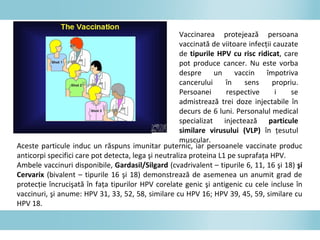 Vaccinarea protejează persoana
vaccinată de viitoare infecţii cauzate
de tipurile HPV cu risc ridicat, care
pot produce cancer. Nu este vorba
despre un vaccin împotriva
cancerului în sens propriu.
Persoanei respective i se
admistrează trei doze injectabile în
decurs de 6 luni. Personalul medical
specializat injectează particule
similare virusului (VLP) în ţesutul
muscular.
Aceste particule induc un răspuns imunitar puternic, iar persoanele vaccinate produc
anticorpi specifici care pot detecta, lega şi neutraliza proteina L1 pe suprafaţa HPV.
Ambele vaccinuri disponibile, Gardasil/Silgard (cvadrivalent – tipurile 6, 11, 16 şi 18) şi
Cervarix (bivalent – tipurile 16 şi 18) demonstrează de asemenea un anumit grad de
protecţie încrucişată în faţa tipurilor HPV corelate genic şi antigenic cu cele incluse în
vaccinuri, şi anume: HPV 31, 33, 52, 58, similare cu HPV 16; HPV 39, 45, 59, similare cu
HPV 18.
 