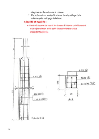 14
diagonale sur l’armature de la colonne.
11. Placer l’armature, munie d’écarteurs, dans le coffrage de la
colonne après nettoyage de la base.
Sécurité et hygiène :
 Il est nécessaire de munir les barres d’attente qui dépassent
d’une protection .elles sont trop souvent la cause
d’accidents graves.
 