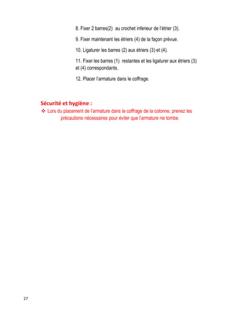 27
8. Fixer 2 barres(2) au crochet inferieur de l’étrier (3).
9. Fixer maintenant les étriers (4) de la façon prévue.
10. Ligaturer les barres (2) aux étriers (3) et (4).
11. Fixer les barres (1) restantes et les ligaturer aux étriers (3)
et (4) correspondants.
12. Placer l’armature dans le coffrage.
Sécurité et hygiène :
 Lors du placement de l’armature dans le coffrage de la colonne, prenez les
précautions nécessaires pour éviter que l’armature ne tombe.
 
