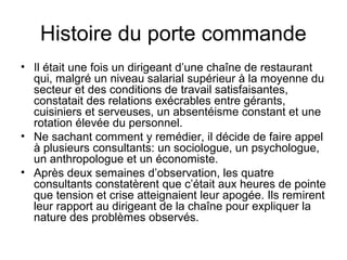 Histoire du porte commande
• Il était une fois un dirigeant d’une chaîne de restaurant
qui, malgré un niveau salarial supérieur à la moyenne du
secteur et des conditions de travail satisfaisantes,
constatait des relations exécrables entre gérants,
cuisiniers et serveuses, un absentéisme constant et une
rotation élevée du personnel.
• Ne sachant comment y remédier, il décide de faire appel
à plusieurs consultants: un sociologue, un psychologue,
un anthropologue et un économiste.
• Après deux semaines d’observation, les quatre
consultants constatèrent que c’était aux heures de pointe
que tension et crise atteignaient leur apogée. Ils remirent
leur rapport au dirigeant de la chaîne pour expliquer la
nature des problèmes observés.

 