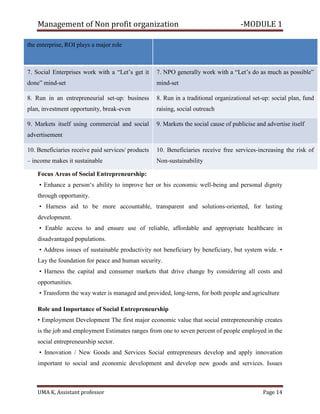 Management of Non profit organization -MODULE 1
UMA K, Assistant professor Page 14
the enterprise, ROI plays a major role
7. Social Enterprises work with a “Let’s get it
done” mind-set
7. NPO generally work with a “Let’s do as much as possible”
mind-set
8. Run in an entrepreneurial set-up: business
plan, investment opportunity, break-even
8. Run in a traditional organizational set-up: social plan, fund
raising, social outreach
9. Markets itself using commercial and social
advertisement
9. Markets the social cause of publicise and advertise itself
10. Beneficiaries receive paid services/ products
– income makes it sustainable
10. Beneficiaries receive free services-increasing the risk of
Non-sustainability
Focus Areas of Social Entrepreneurship:
• Enhance a person‘s ability to improve her or his economic well-being and personal dignity
through opportunity.
• Harness aid to be more accountable, transparent and solutions-oriented, for lasting
development.
• Enable access to and ensure use of reliable, affordable and appropriate healthcare in
disadvantaged populations.
• Address issues of sustainable productivity not beneficiary by beneficiary, but system wide. •
Lay the foundation for peace and human security.
• Harness the capital and consumer markets that drive change by considering all costs and
opportunities.
• Transform the way water is managed and provided, long-term, for both people and agriculture
Role and Importance of Social Entrepreneurship
• Employment Development The first major economic value that social entrepreneurship creates
is the job and employment Estimates ranges from one to seven percent of people employed in the
social entrepreneurship sector.
• Innovation / New Goods and Services Social entrepreneurs develop and apply innovation
important to social and economic development and develop new goods and services. Issues
 