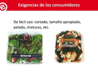 - De fácil uso: cortado, tamaño apropiado,
pelado, mixturas, etc.
Servicios al exportadorExigencias de los consumidores
 