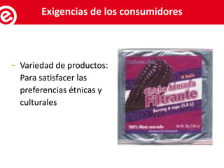 - Variedad de productos:
Para satisfacer las
preferencias étnicas y
culturales
Servicios al exportadorExigencias de los consumidores
 