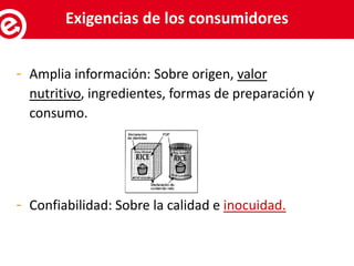 - Amplia información: Sobre origen, valor
nutritivo, ingredientes, formas de preparación y
consumo.
- Confiabilidad: Sobre la calidad e inocuidad.
Servicios al exportadorExigencias de los consumidores
 