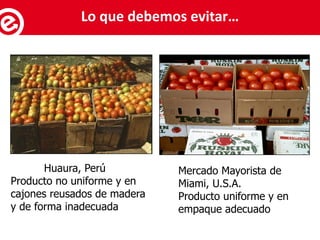 Mercado Mayorista de
Miami, U.S.A.
Producto uniforme y en
empaque adecuado
Huaura, Perú
Producto no uniforme y en
cajones reusados de madera
y de forma inadecuada
Servicios al exportadorLo que debemos evitar…
 
