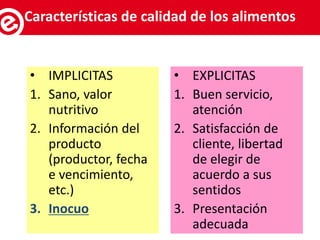 • IMPLICITAS
1. Sano, valor
nutritivo
2. Información del
producto
(productor, fecha
e vencimiento,
etc.)
3. Inocuo
• EXPLICITAS
1. Buen servicio,
atención
2. Satisfacción de
cliente, libertad
de elegir de
acuerdo a sus
sentidos
3. Presentación
adecuada
Servicios al exportadorCaracterísticas de calidad de los alimentos
 