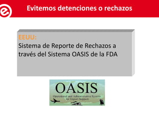 Servicios al exportadorEvitemos detenciones o rechazos
EEUU:
Sistema de Reporte de Rechazos a
través del Sistema OASIS de la FDA
 
