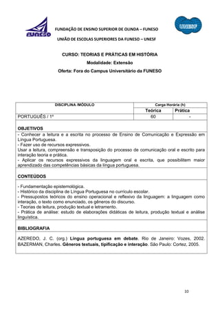 10
FUNDAÇÃO DE ENSINO SUPERIOR DE OLINDA – FUNESO
UNIÃO DE ESCOLAS SUPERIORES DA FUNESO – UNESF
CURSO: TEORIAS E PRÁTICAS EM HISTÓRIA
Modalidade: Extensão
Oferta: Fora do Campus Universitário da FUNESO
DISCIPLINA /MÓDULO Carga Horária (h)
Teórica Prática
PORTUGUÊS / 1º 60 -
OBJETIVOS
- Conhecer a leitura e a escrita no processo de Ensino de Comunicação e Expressão em
Língua Portuguesa.
- Fazer uso de recursos expressivos.
Usar a leitura, compreensão e transposição do processo de comunicação oral e escrito para
interação teoria e prática.
- Aplicar os recursos expressivos da linguagem oral e escrita, que possibilitem maior
aprendizado das competências básicas da língua portuguesa.
CONTEÚDOS
- Fundamentação epistemológica.
- Histórico da disciplina de Língua Portuguesa no currículo escolar.
- Pressupostos teóricos do ensino operacional e reflexivo da linguagem: a linguagem como
interação, o texto como enunciado, os gêneros do discurso.
- Teorias de leitura, produção textual e letramento.
- Prática de análise: estudo de elaborações didáticas de leitura, produção textual e análise
linguística.
BIBLIOGRAFIA
AZEREDO, J. C. (org.) Língua portuguesa em debate. Rio de Janeiro: Vozes, 2002.
BAZERMAN, Charles. Gêneros textuais, tipificação e interação. São Paulo: Cortez, 2005.
 