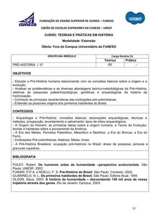 12
FUNDAÇÃO DE ENSINO SUPERIOR DE OLINDA – FUNESO
UNIÃO DE ESCOLAS SUPERIORES DA FUNESO – UNESF
CURSO: TEORIAS E PRÁTICAS EM HISTÓRIA
Modalidade: Extensão
Oferta: Fora do Campus Universitário da FUNESO
DISCIPLINA /MÓDULO Carga Horária (h)
Teórica Prática
PRÉ-HISTÓRIA / 1º 60 -
OBJETIVOS
- Estudar a Pré-História humana relacionando com os conceitos básicos sobre a origem e a
evolução.
- Analisar as problemáticas e as diversas abordagens teórico-metodológicas da Pré-História,
relativas às pesquisas paleantropológicas, genéticas e arqueológicas da história da
hominização.
- Conhecer as principais características das civilizações pré-colombianas.
- Entender as possíveis origens dos primeiros habitantes do Brasil.
CONTEÚDOS
- Arqueologia e Pré-História: conceitos básicos; escavações arqueológicas; técnicas e
métodos; prospecção, levantamento e salvamento; tipos de sítios arqueológicos.
- A Origem do Homem: as primeiras ideias sobre a origem humana; a Teoria da Evolução;
teorias e hipóteses sobre o povoamento da América.
- A Era dos Metais: Períodos Paleolítico, Mesolítico e Neolítico; a Era do Bronze; a Era do
Ferro.
- Civilizações Pré-colombianas: Astecas; Maias; Incas.
- A Pré-História Brasileira: ocupação pré-histórica no Brasil; áreas de pesquisa; pinturas e
gravuras rupestres.
BIBLIOGRAFIA
FOLEY, Robert. Os humanos antes da humanidade –perspectiva evolucionista. São
Paulo: UNESP, 2003.
FUNARI, P.P.A. e NOELLI, F. S. Pré-História do Brasil. São Paulo: Contexto, 2002.
GUARINELO, N. L. Os primeiros habitantes do Brasil. São Paulo: Editora Atual, 1994.
OLSON, Steve. 2003. A história da humanidade – desvendando 150 mil anos de nossa
trajetória através dos genes. Rio de Janeiro: Campus, 2003.
 