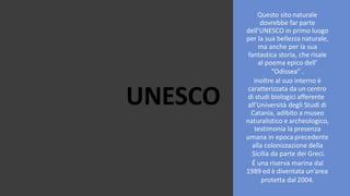 UNESCO
Questo sito naturale
dovrebbe far parte
dell’UNESCO in primo luogo
per la sua bellezza naturale,
ma anche per la sua
fantastica storia, che risale
al poema epico dell’
“Odissea” .
Inoltre al suo interno è
caratterizzata da un centro
di studi biologici afferente
all’Università degli Studi di
Catania, adibito a museo
naturalistico e archeologico,
testimonia la presenza
umana in epoca precedente
alla colonizzazione della
Sicilia da parte dei Greci.
É una riserva marina dal
1989 ed è diventata un’area
protetta dal 2004.
 