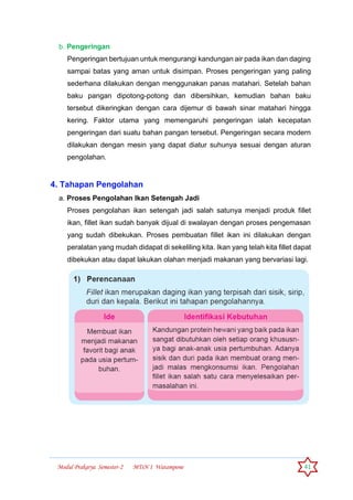 Modul Prakarya Semester-2 MTsN 1 Watampone 41
b. Pengeringan
Pengeringan bertujuan untuk mengurangi kandungan air pada ikan dan daging
sampai batas yang aman untuk disimpan. Proses pengeringan yang paling
sederhana dilakukan dengan menggunakan panas matahari. Setelah bahan
baku pangan dipotong-potong dan dibersihkan, kemudian bahan baku
tersebut dikeringkan dengan cara dijemur di bawah sinar matahari hingga
kering. Faktor utama yang memengaruhi pengeringan ialah kecepatan
pengeringan dari suatu bahan pangan tersebut. Pengeringan secara modern
dilakukan dengan mesin yang dapat diatur suhunya sesuai dengan aturan
pengolahan.
4. Tahapan Pengolahan
a. Proses Pengolahan Ikan Setengah Jadi
Proses pengolahan ikan setengah jadi salah satunya menjadi produk fillet
ikan, fillet ikan sudah banyak dijual di swalayan dengan proses pengemasan
yang sudah dibekukan. Proses pembuatan fillet ikan ini dilakukan dengan
peralatan yang mudah didapat di sekeliling kita. Ikan yang telah kita fillet dapat
dibekukan atau dapat lakukan olahan menjadi makanan yang bervariasi lagi.
 