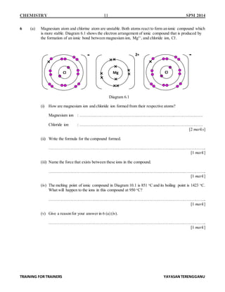 CHEMISTRY 11 SPM 2014
TRAINING FOR TRAINERS YAYASANTERENGGANU
6 (a) Magnesium atom and chlorine atom are unstable. Both atoms react to form an ionic compound which
is more stable. Diagram 6.1 shows the electron arrangement of ionic compound that is produced by
the formation of an ionic bond between magnesium ion, Mg2+
, and chloride ion, Cl-
.
Diagram 6.1
(i) How are magnesium ion and chloride ion formed from their respective atoms?
Magnesium ion : …………………………………………………………….…………………
Chloride ion : …………………………………………………………….…………………
[2 marks]
(ii) Write the formula for the compound formed.
……………………………………………………………………………………………………..
[1 mark]
(iii) Name the force that exists between these ions in the compound.
……………………………………………………………………………………………………..
[1 mark]
(iv) The melting point of ionic compound in Diagram 10.1 is 851 o
C and its boiling point is 1423 o
C.
What will happen to the ions in this compound at 950 o
C?
……………………………………………………………………………………………………..
[1 mark]
(v) Give a reason for your answer in 6 (a) (iv).
……………………………………………………………………………………………………..
[1 mark]
Cl
-
Cl
-
Mg
2+
 