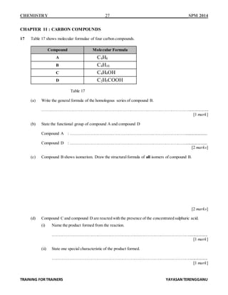 CHEMISTRY 27 SPM 2014
TRAINING FOR TRAINERS YAYASANTERENGGANU
CHAPTER 11 : CARBON COMPOUNDS
17 Table 17 shows molecular formulae of four carbon compounds.
Compound Molecular Formula
A C4H8
B C4H10
C C4H9OH
D C2H5COOH
Table 17
(a) Write the general formula of the homologous series of compound B.
……..………………………………………………………………………………………....................
[1 mark]
(b) State the functional group of compound A and compound D
Compound A : ………………………………………………………………………….....................
Compound D : ………………………………………………………………………….....................
[2 marks]
(c) Compound B shows isomerism. Draw the structural formula of all isomers of compound B.
[2 marks]
(d) Compound C and compound D are reacted with the presence of the concentrated sulphuric acid.
(i) Name the product formed from the reaction.
……………………………………………………….………………………………..................
[1 mark]
(ii) State one special characteristic of the product formed.
……………………………………………………….………………………………..................
[1 mark]
 