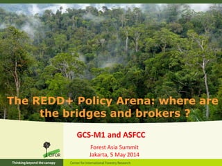 The REDD+ Policy Arena: where are
the bridges and brokers ?
GCS-M1 and ASFCC
Forest Asia Summit
Jakarta, 5 May 2014
 