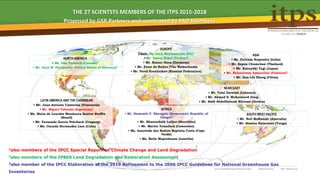 THE 27 SCIENTSTS MEMBERS OF THE ITPS 2015-2018
Proposed by GSP Partners and nominated by FAO Members
NORTH AMERICA
• Mr. Dan Pennock (Canada)2
• Mr. Gary M. Pierzynsky (United States of America)2
EUROPE
Chair: Mr. Luca Montanarella (EC)2
• Mr. Gunay Erpul (Turkey)2
• Mr. Rainer Horn (Germany)
• Mr. Peter de Ruiter (The Netherlands)
• Mr. Pavel Krasilnikov (Russian Federation)
AFRICA
• Mr. Nsalambi V. Nkongolo (Democratic Republic of
Congo)3
• Mr. Bhanooduth Lalljee (Mauritius)
• Mr. Martin Yemefack (Cameroon)
• Ms. Isaurinda dos Santos Baptista Costa (Cape
Verde)
• Ms. Botle Mapeshoane (Lesotho)
ASIA
• Mr. Patiram Brajendra (India)
• Mr. Sopon Chomchan (Thailand)
• Mr. Kazuyuki Yagi (Japan)
• Mr. Bahriuloom Amanullah (Pakistan)1
• Mr. Gan-Lin Zhang (China)
LATIN AMERICA AND THE CARIBBEAN
• Mr. Juan Antonio Comerma (Venezuela)
• Mr. Miguel Taboada (Argentina)1
• Ms. Maria de Lourdes Mendonca Santos Breffin
(Brazil)
• Mr. Fernando Garcia Préchach (Uruguay)
• Ms. Oneyda Hernandez Lara (Cuba)
NEAR EAST
• Mr. Talal Darwish (Lebanon)
• Mr. Ahmad S. Muhaimeed (Iraq)
• Mr. Saéb AbdelHaleem Khresat (Jordan)
SOUTH WEST PACIFIC
• Mr. Neil McKenzie (Australia)
• Mr. Siosiua Halavatau (Tonga)
1also members of the IPCC Special Report on Climate Change and Land Degradation
2also members of the IPBES Land Degradation and Restoration Assessment
3also member of the IPCC Elaboration of the 2019 Refinement to the 2006 IPCC Guidelines for National Greenhouse Gas
Inventories
 