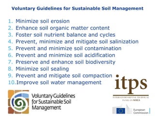 15
Voluntary Guidelines for Sustainable Soil Management
1. Minimize soil erosion
2. Enhance soil organic matter content
3. Foster soil nutrient balance and cycles
4. Prevent, minimize and mitigate soil salinization
5. Prevent and minimize soil contamination
6. Prevent and minimize soil acidification
7. Preserve and enhance soil biodiversity
8. Minimize soil sealing
9. Prevent and mitigate soil compaction
10.Improve soil water management
 