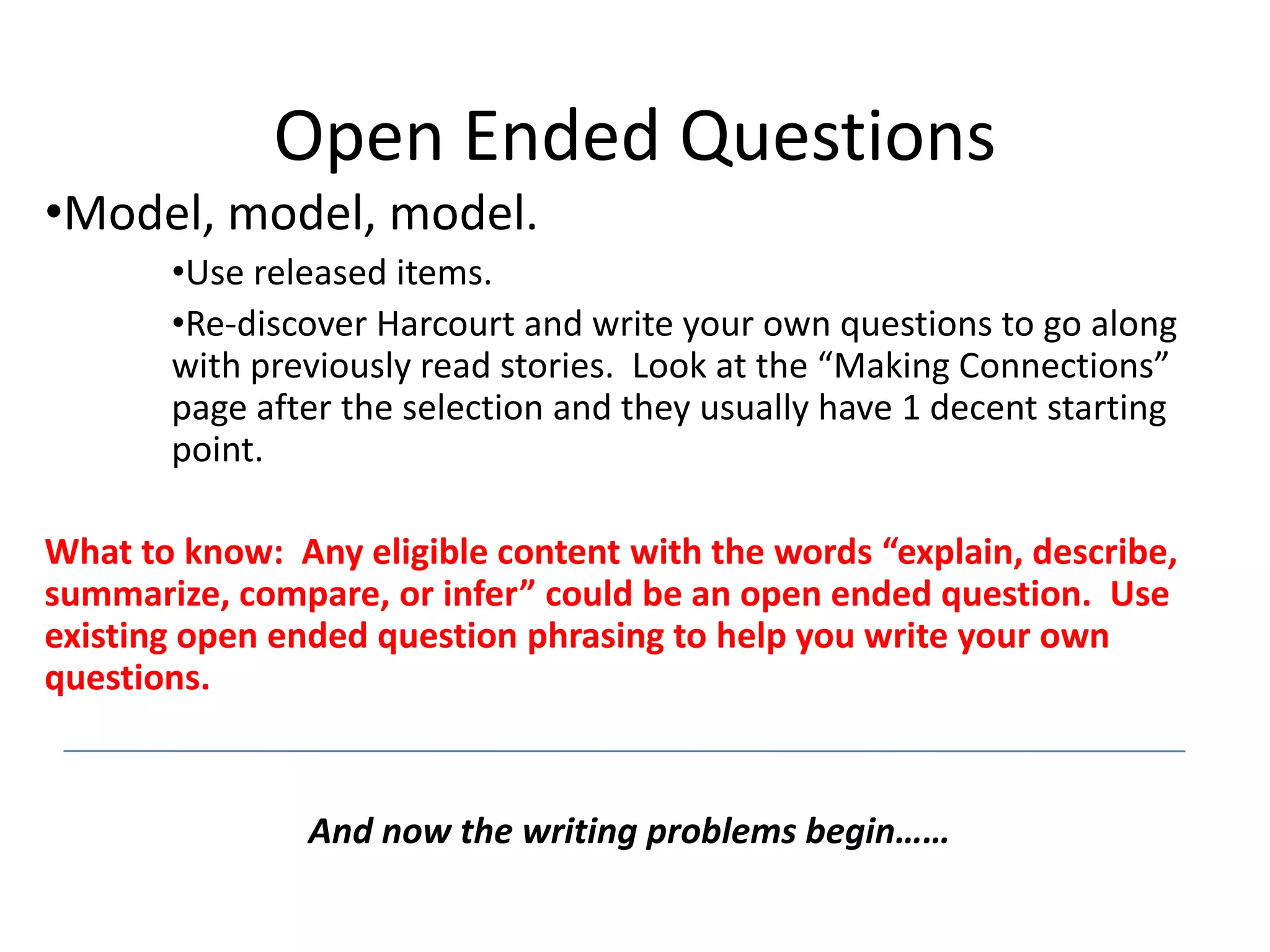 How to Practice, Practice, Practice Drill those lower level skills.QuizletsJeopardy LabsTeacher Sites -> 5th Grade, (4th Grade, 3rd Grade coming soon!)List of Harcourt sites by SKILL.  (For 5th, it’s in Fifth Grade web page.)HARCOURT Practice book pages….see back of book for skills and page numbers.Use released items or another test (on PSSA Reading Resources, Buckle Down, Coach, etc) to assess daily. 