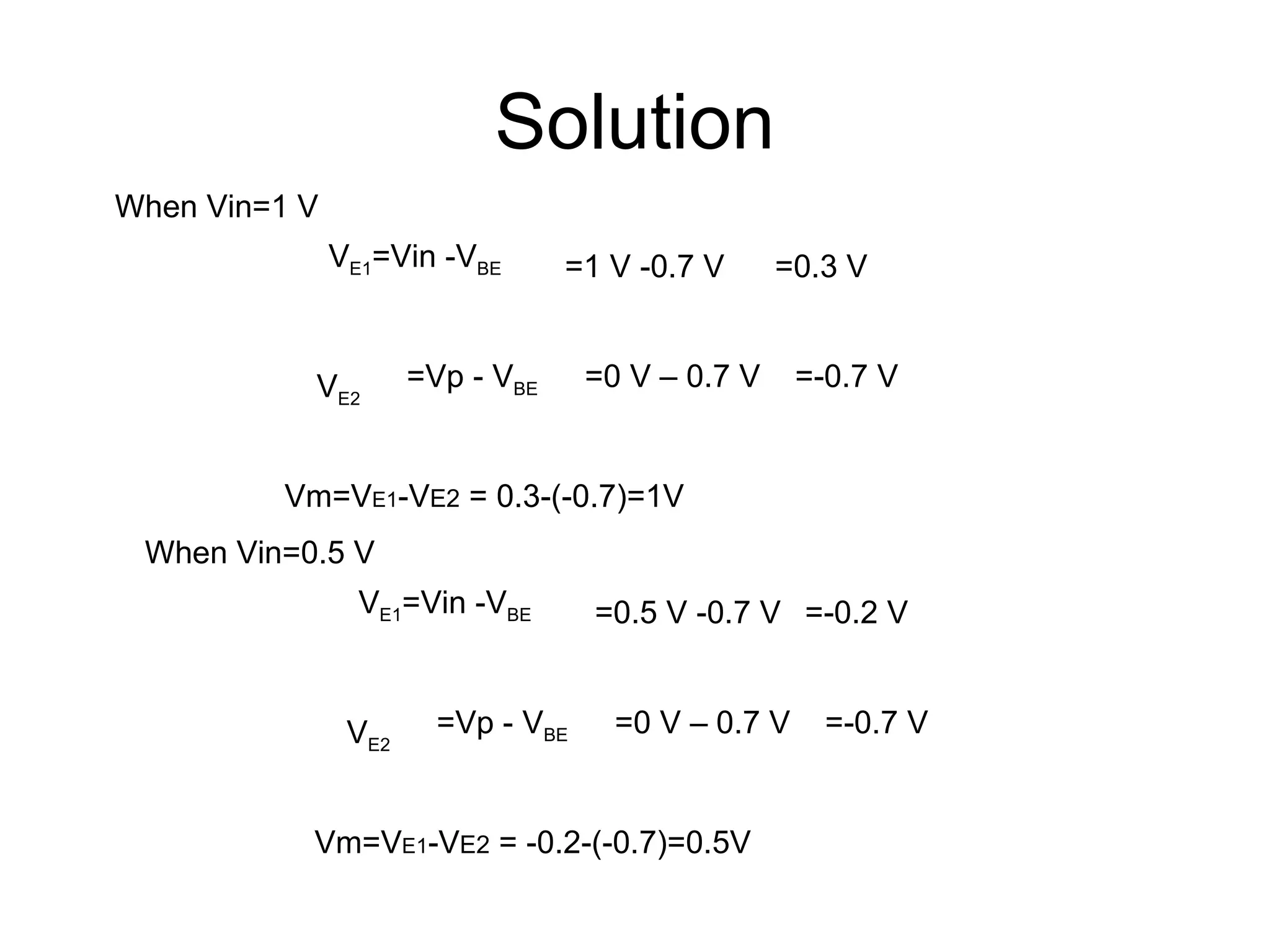 Solution
When Vin=1 V
VE1=Vin -VBE =1 V -0.7 V =0.3 V
VE2
=Vp - VBE =0 V – 0.7 V =-0.7 V
Vm=VE1-VE2 = 0.3-(-0.7)=1V
When Vin=0.5 V
VE1=Vin -VBE =0.5 V -0.7 V =-0.2 V
VE2
=Vp - VBE =0 V – 0.7 V =-0.7 V
Vm=VE1-VE2 = -0.2-(-0.7)=0.5V
 