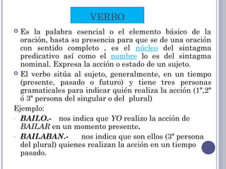 VERBO
 Es la palabra esencial o el elemento básico de la
oración, basta su presencia para que se de una oración
con sentido completo , es el núcleo del sintagma
predicativo así como el nombre lo es del sintagma
nominal. Expresa la acción o estado de un sujeto.
 El verbo sitúa al sujeto, generalmente, en un tiempo
(presente, pasado o futuro) y tiene tres personas
gramaticales para indicar quién realiza la acción (1ª,2ª
ó 3ª persona del singular o del plural)
Ejemplo:
- BAILO.- nos indica que YO realizo la acción de
BAILAR en un momento presente.
- BAILABAN.- nos indica que son ellos (3ª persona
del plural) quienes realizan la acción en un tiempo
pasado.
 