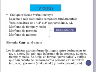VERBO
 Cualquier forma verbal incluye:
- Lexema o raíz (contenido semántico fundamental)
- Vocal temática de 1°, 2° o 3° conjugación: a, e,i.
- Morfema de tiempo y modo
- Morfema de persona
- Morfema de número.
Ejemplo: Can- ta-rí-amo-s
Los lingüistas acostumbran distinguir entre desinencias (o,
as, a, amos, áis, an), que informan de la persona, número,
tiempo y modo. Es decir, de formas “personales” y sufijos
que dan cuenta de las formas “no personales”: infinitivo
(ar, er,ir), gerundio (ando, iendo) y participio(ado, ido).
DESINENCIAS
 