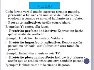 Cada forma verbal puede expresar tiempo: pasado,
presente o futuro con una serie de matices que
obedecen a cuando se ubica el hablante en el relato.
- Presente indicativo: Acción ocurre ahora.
Ejemplos: Yo canto, ella juega
- Pretérito perfecto indicativo: Expresa un hecho
que se acaba de verificar.
Ejemplo: He dicho, Ha visitado Valdivia.
- Pretérito imperfecto indicativo: Denota acción
pasada no acabada, simultánea con otra también
pasada.
Ejemplo: Estudiaba mientras veía TV.
- Pretérito pluscuamperfecto indicativo: Expresa
acción que se realizó antes que otra también pasada.
Ejemplo: Habíamos cantado cuando llegaron.
VERBO
 